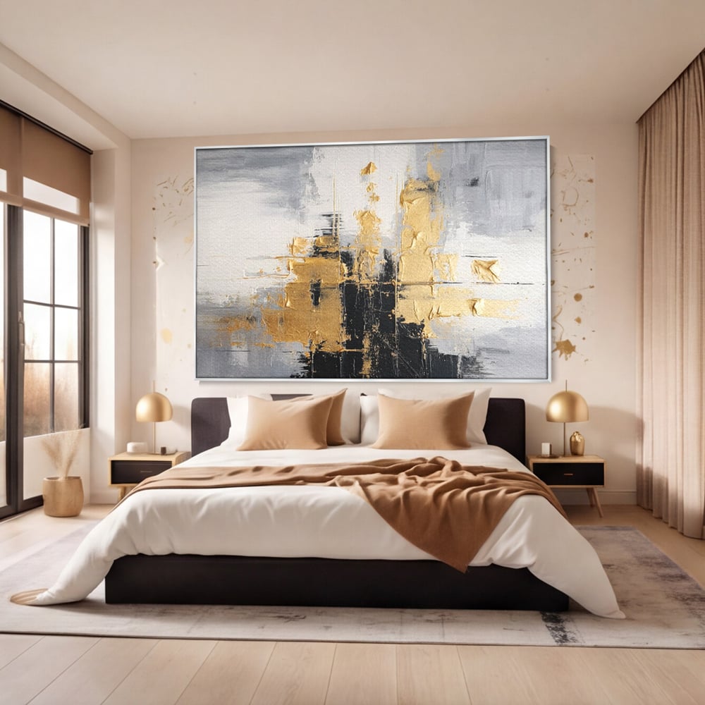 Tablou canvas cu pictura abstracta cu auriu si negru, in rama de aluminiu argintiu, pe perete intr-un dormitor